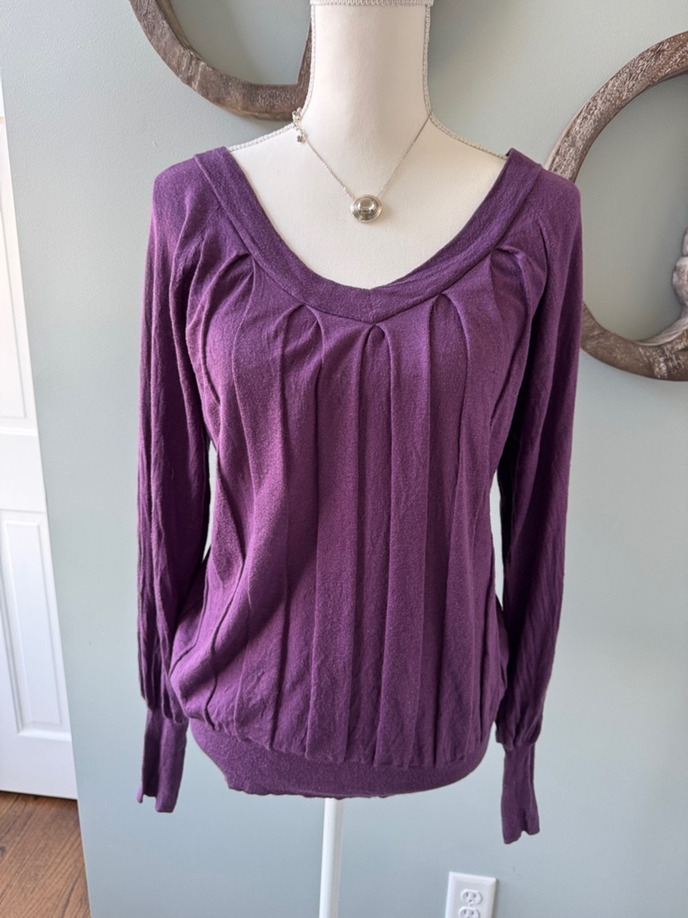 Faconnable Plum Pleated Scoop-Neck Long Sleeve Top